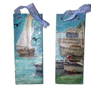 Christmas Tree ORNAMENTS Nautical Boat Ship 2 Designs Hand-Painted 4.5 x 1.75 in